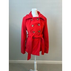 Old Navy Womens‎ Red Fleece Pea Coat Jacket Double Breasted Belted Size M